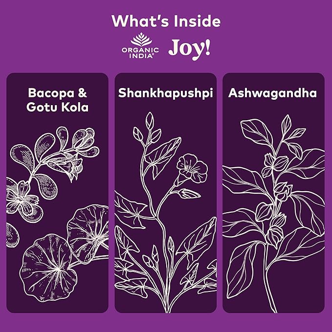 ORGANIC INDIA Joy Herbal Supplement - Immune Support Promotes Memory &amp Concentration Vegan Gluten-Free Kosher USDA Certified Organic Non-GMO Calming - 90 Capsules