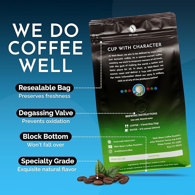 Well-Bean Coffee - Simmer Down Colombian Coffee Beans Decaf Coffee Swiss-Water-Processed Whole Bean Coffee Vegan Decaf Coffee Beans Light Roasted Coffee 2 lb Coffee Bag