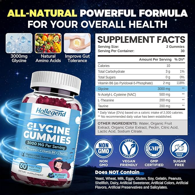 Glycine 3g Gummies Organic L-Glycine with NAC Supplements for Sleep &amp Cellular Support Plus B6 L-Theanine &amp Taurine for Nerve Liver Detox &amp Immune Health Sugar Free Vegan 60 Chews