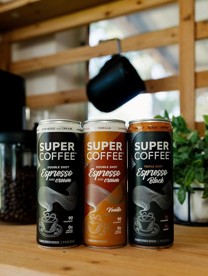 SUPER COFFEE Espresso Iced Keto Coffee (0g Added Sugar 10 Calories) [Triple Shot Black] 11 Fl Oz 12 Pack | Cold Brew Smart Coffee Drinks - SoyFree GlutenFree