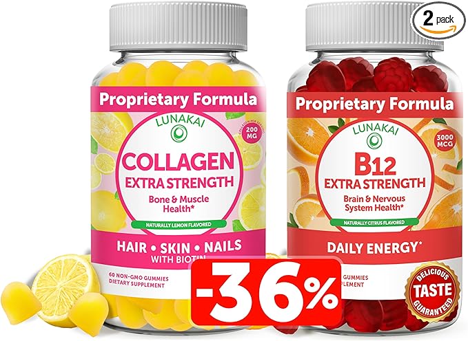Lunakai Collagen &amp Biotin Gummies Bundle - Vitamins for Hair Skin and Youthful Appearance - Non-GMO Anti Aging Protein Supplements for Men &amp Women - 30 Days Supply