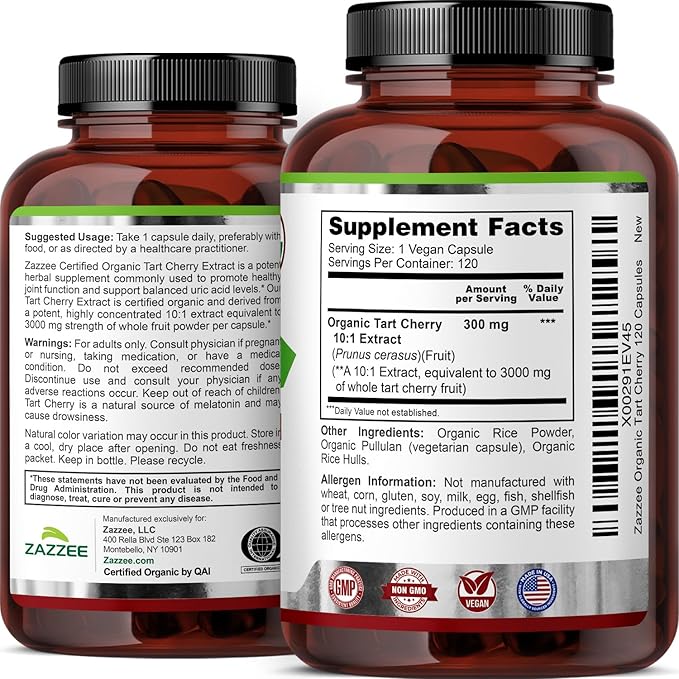 Zazzee USDA Organic Tart Cherry 10:1 Extract 120 Vegan Capsules 4 Month Supply Montmorency Cherry Daily Wellness Antioxidant Support Organic Herbal Supplement All-Natural Non-GMO Made in USA