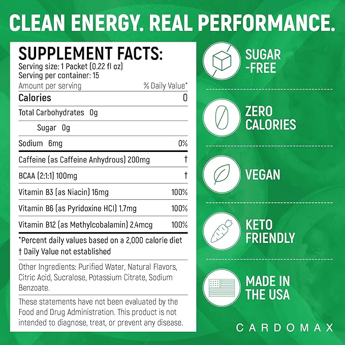 CardoMax - Energy Drink Packets - Liquid Preworkout for Men &amp Women Caffeine Packets with BCAA Vitamin B12 Vitamin B6 &amp B3 - Sugar-Free Zero Calorie Vegan &amp Keto - 15 Stick Packs - Wav