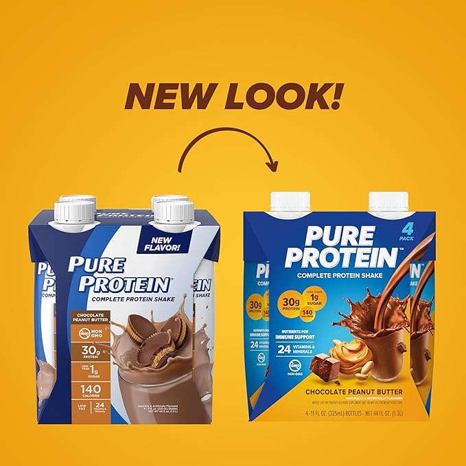 Pure Protein Complete Protein Shake Chocolate Peanut Butter 30g High Protein Drink Less than 1g Sugar 3g Fiber Ready to Drink Non GMO On-the-Go Shakes 11oz Bottles 12 Pack