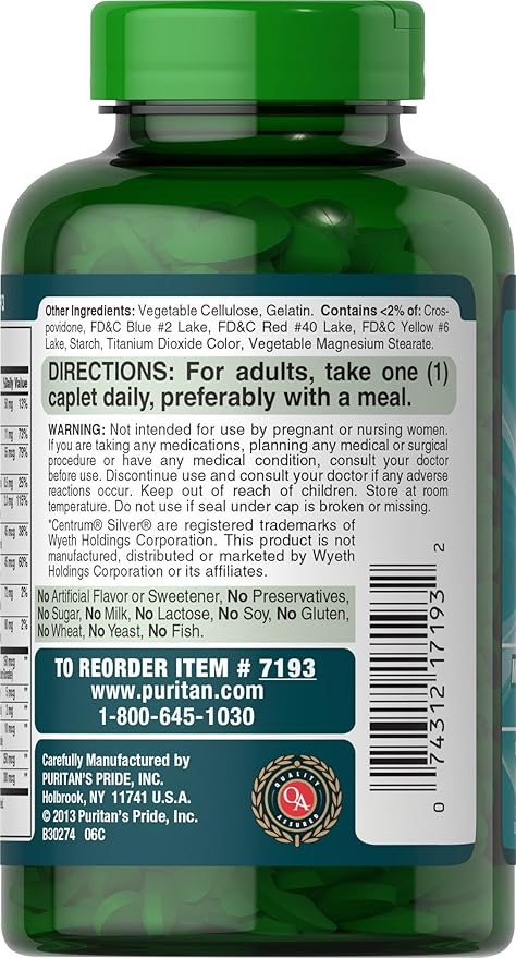 Puritan's Pride ABC Plus Senior Multivitamin Multi-mineral Caplets 240 Count