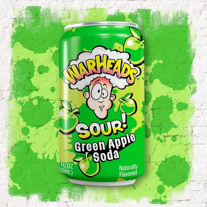Sour Fruity Soda with Classic Warheads Flavors – Perfectly Balanced Sweet and Sour Soda - Warheads Candy Throwback Treat Soda Cocktail Mixer Pack of 12 12oz Cans (Green Apple)