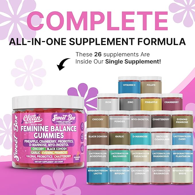 Clean Nutra Feminine Balance Gummies for Women Pineapple VaginalProbiotics pH Balance Cranberry D Mannose Supplement Inositol Black Cohosh Evening Primrose Garlic Vitex GLA Prebiotics Folate 60ct