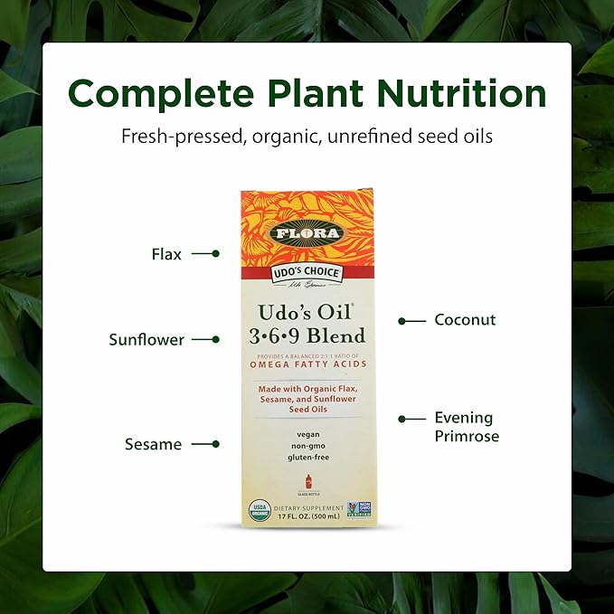 Flora - Udo's Choice Omega 369 Oil Blend Made with Organic Flax Sesame &amp Sunflower Seed Oils Plant-Based Vegan Omega Fatty Acids Based on Ideal 2:1:1 Ratio 17-fl oz. Glass Bottle
