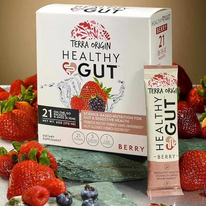 TERRA ORIGIN Healthy Gut Stick Packs L-Glutamine Slippery Elm Aloe Vera Licorice Root Extract Gut Health Digestive Support Leaky Gut Repair Immune Function On-The-Go 21 Ct Berry