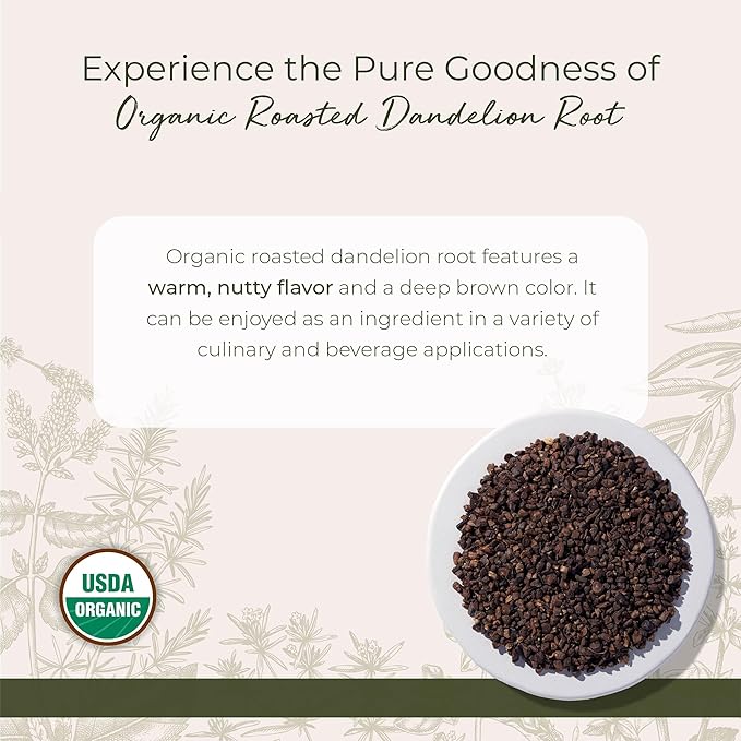 Starwest Botanicals Organic Roasted Dandelion Root - Loose Leaf Herbal Tea Cut &amp Sifted Certified Kosher Non-GMO Caffeine-Free - Bulk 1 lb Bag