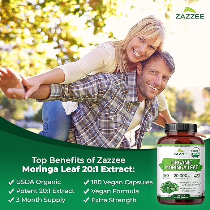 Zazzee USDA Organic Moringa Leaf 20:1 Extract 180 Vegan Capsules 3 Month Supply Certified Kosher Moringa Oleifera Antioxidant Immune &amp Cellular Support Superfood Supplement Made in the USA