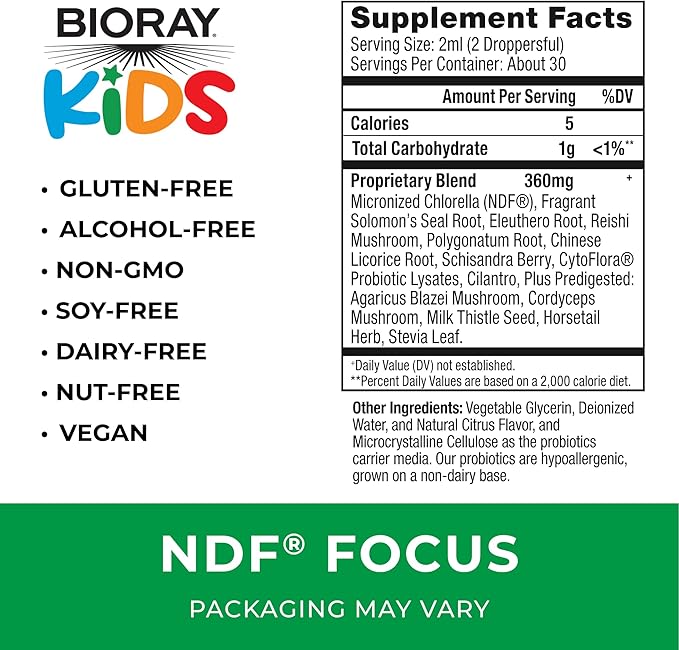 BIORAY Kids NDF Focus Citrus - 2 fl oz - Supports Cognitive Function Enhances Clarity &amp Promotes Steady Energy Levels - Non-GMO Vegetarian Gluten Free - 1-2 Month Supply
