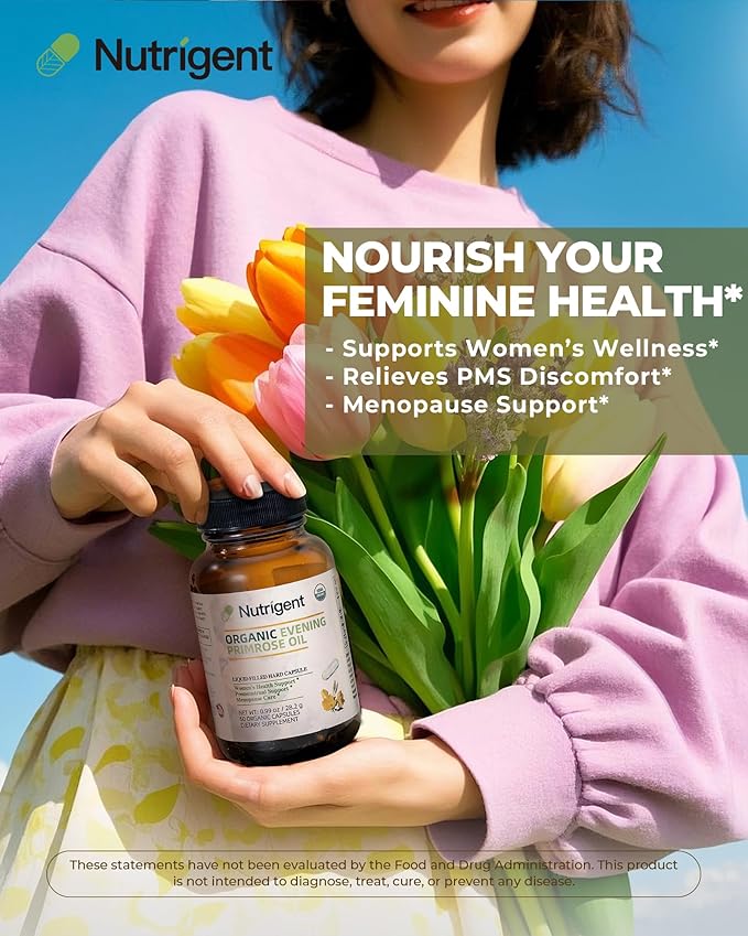 Organic Evening Primrose Oil Supplement 940 mg 100% Pure with 10% GLA High Absorption Liquid Organic Capsules Promotes Women's Health &amp Skin Health Cold Pressed 60 Count