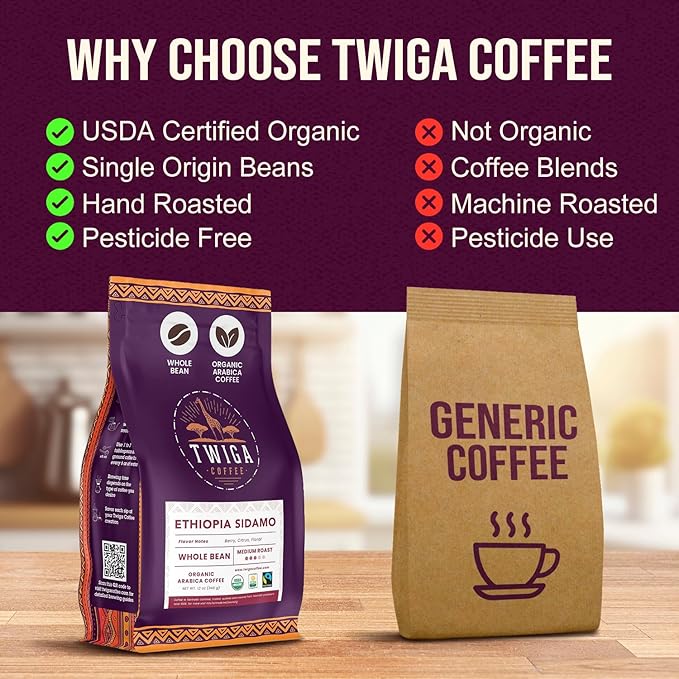 Twiga Coffee Premium Ethiopian Sidamo Whole Bean Coffee – Organic Medium Roast Arabica with Berry Citrus &amp Floral Notes – Single Origin Ethiopia – Freshly Roasted 12 oz