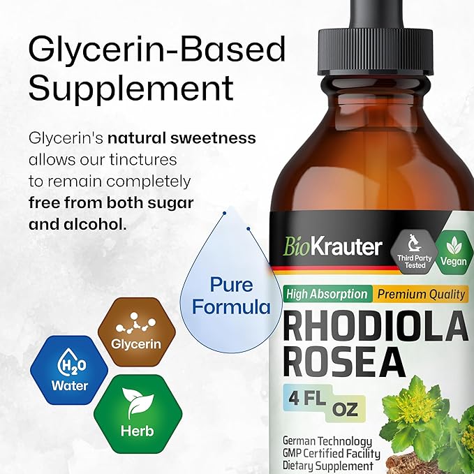 BIO KRAUTER® Rhodiola Rosea for Calm &amp Sleep Support - Vegan Rhodiola Rosea Supplement for Mood Support - Natural Calm Drops for Relaxation 4 Fl.Oz 56-Day Supply Alcohol &amp Sugar Free