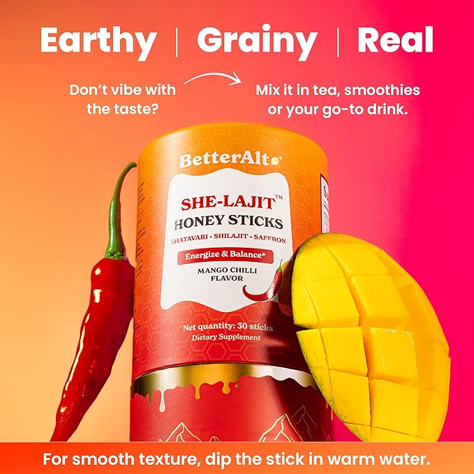 Better Alt She-Lajit Honey Sticks Mango Chilli Flavor | with Shatavari Shilajit &amp Saffron | 85+ Nutrients for Vitality &amp Stamina| 30 Sticks