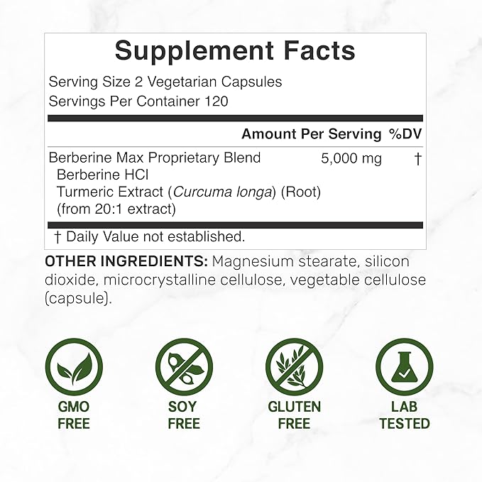 DEAL SUPPLEMENT Berberine Max Supplement with Turmeric 5000mg Per Serving 240 Veggie Capsules – 97% Pure Berberine HCl – 20:1 Turmeric Root Extract – Vegetarian Friendly Non-GMO