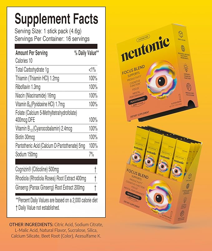 Neutonic Nootropic Focus Blend Powder | Peach Mango 16 Sticks | Caffeine Free Zero Sugar | Support Memory Mental Clarity Cognitive Function | Boost Focus Energy Brain Health