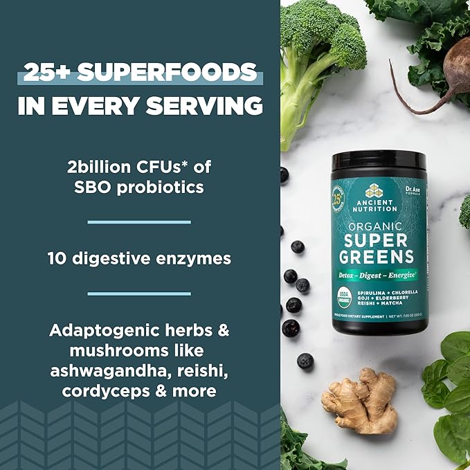 Ancient Nutrition Bone Broth Collagen Powder Pure 30 Servings + Organic Supergreens Powder Greens Flavor 25 Servings