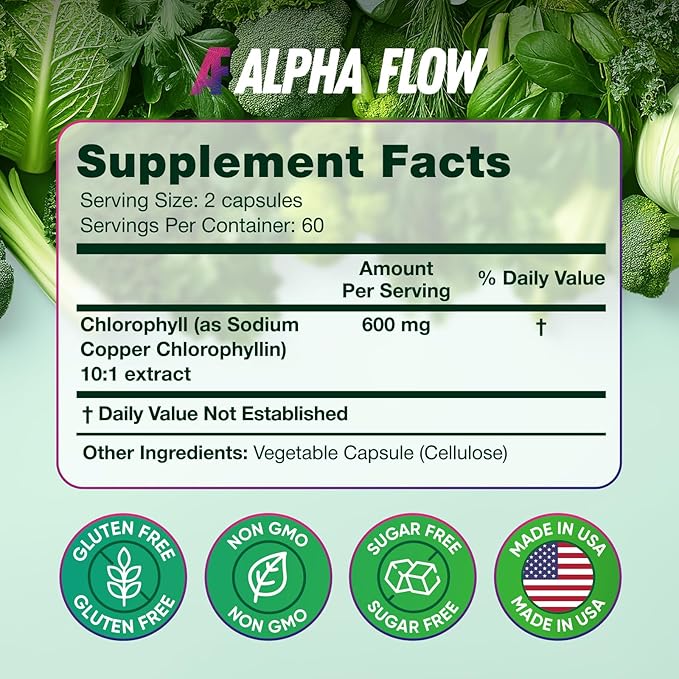 Alpha Flow [2 Pack Chlorophyll Capsules 600mg - Chlorophyll Supplement for Energy &amp Skin - Internal Deodorant for Women &amp Men - Alternative to Liquid Drops - 240 Vegan Pills