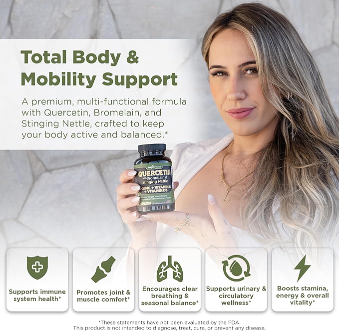 Quercetin with Vitamin C and Zinc - Nettle Quercetin - Quercetin 500mg - Quercetin with Bromelain - Zinc Quercetin + Vitamin D3 - 120 Veggie Caps - (Non-GMO Gluten-Free Vegan) - 4 Month Supply