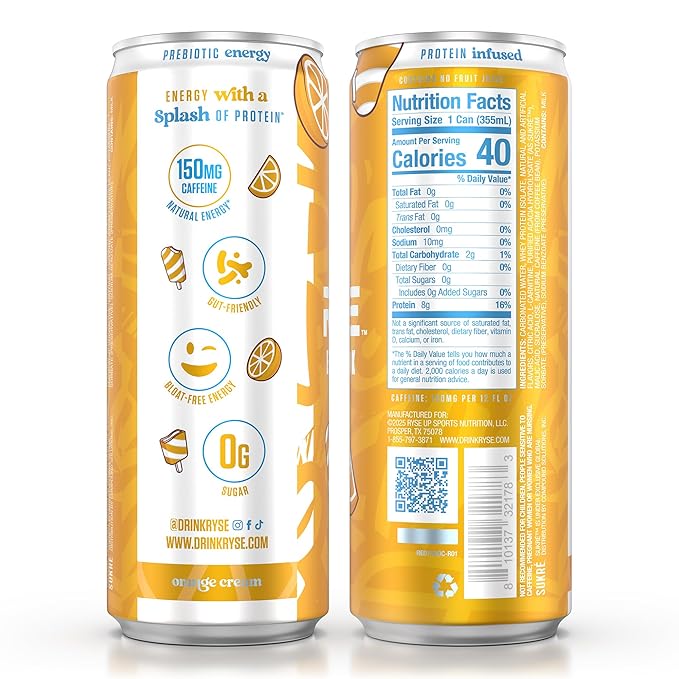 RYSE Functional Energy Drink - Orange Cream - 150mg Natural Caffeine 8g Whey Protein &amp 1g Prebiotics - Sugar Free Gut-Friendly Bloat-Free - 12 fl oz Cans (12-Pack)