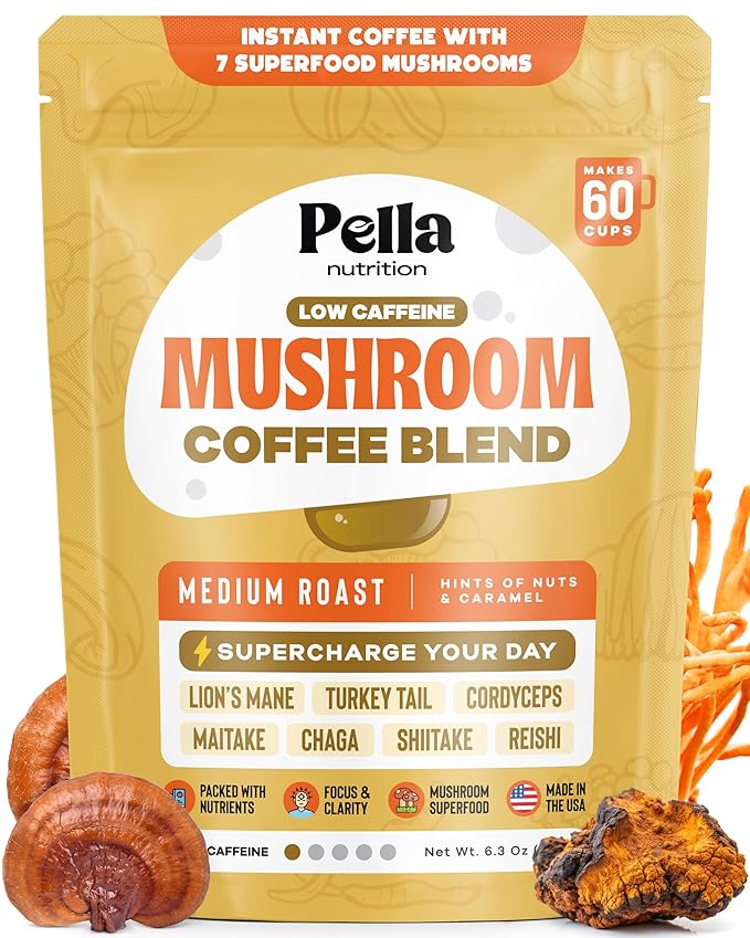 Low-Caffeine Mushroom Coffee (60 Servings) – Superfood Great Tasting Instant Coffee – Includes Lion's Mane Reishi Chaga Cordyceps Shiitake Maitake and Turkey Tail Mushroom Supplement