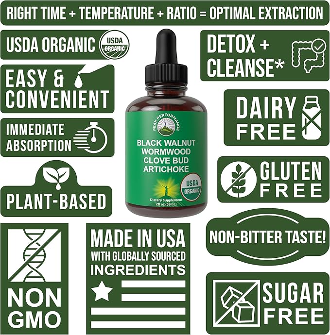 USDA Organic Wormwood Black Walnut Clove Drops Cleanse for Humans. Sugar Free Supplement for Intestinal Cleanse Detox Support for Adults and Kids. with Artichoke and Clove Bud. Kosher No GMOs