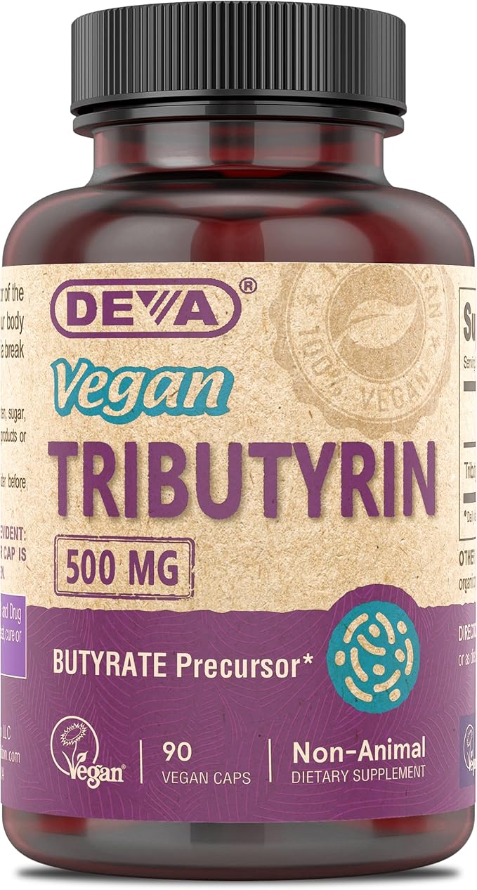 DEVA Vegan Tributyrin Supplement - Butyrate Precursor Gut Barrier Support Butyric Acid 500 MG Vegan Capsules Leaky Gut Support Digestion 90 Count