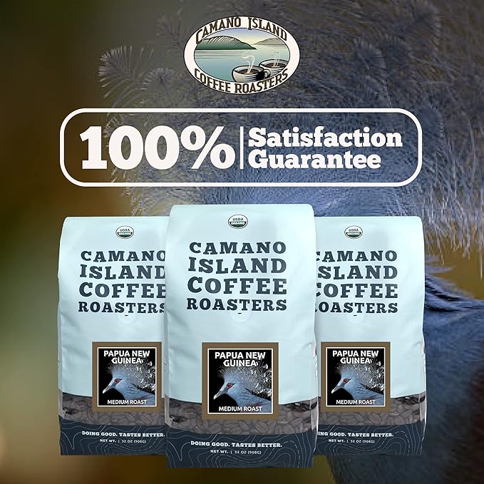 Camano Island Coffee Roasters Papua New Guinea Whole Bean 2lb Fresh Medium Roast USDA Organic Fairly Traded Shade Grown Top 1% Arabica Delicious Cocoa Dried Fruit Brown Sugar Flavor Profile