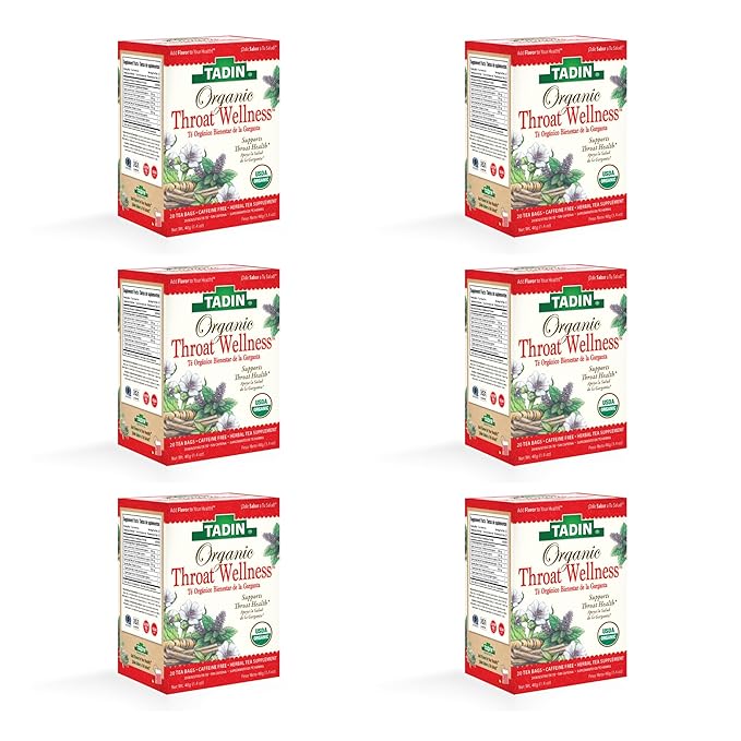 Tadin Organic Throat Wellness Tea Caffeine Free Herbal Tea for Throat Relief 20 Tea Bags Per Box Pack of 6