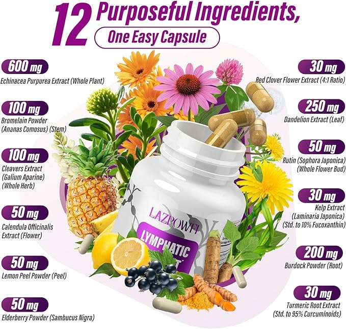 Lymphatic Drainage Supplements 1540mg Lymph System Support Supplement for Women &amp Men with Dandelion Burdock EchinaceaRutin TurmericCleavers &amp More 60 Capsules