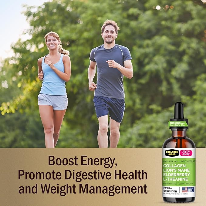 Collagen Mojo - Liquid Collagen for Women &amp Men Collagen Peptides with Lion's Mane Mushroom Elderberry &amp L-Theanine - Hair Skin Nails Joint Support Focus High Absorption - 100000mcg 2