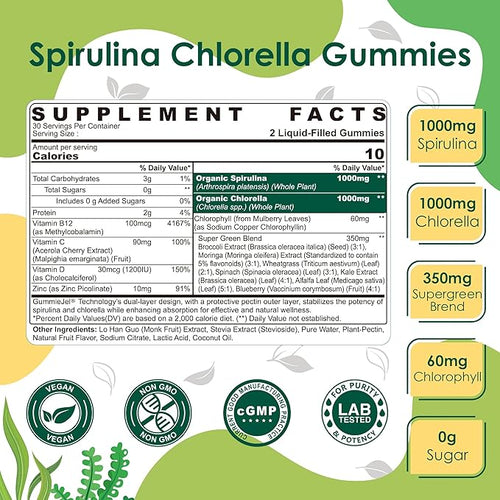 (2 Pack) Organic Spirulina + Chlorella Gummies High in Vegan Protein Chlorophyll Nutrient Dense Green-Blue Algae + Super Greens C &amp D3Zinc B12 for Daily Energy Cleanse Antioxidant and Immu