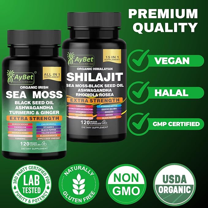Sea Moss &amp Himalayan Shilajit Supplement Combo–Herbal Formula with Black Seed Oil Ashwagandha Rhodiola Turmeric Ginger – Mineral Antioxidant Support–Organic Halal Vegan Capsules–240 Count
