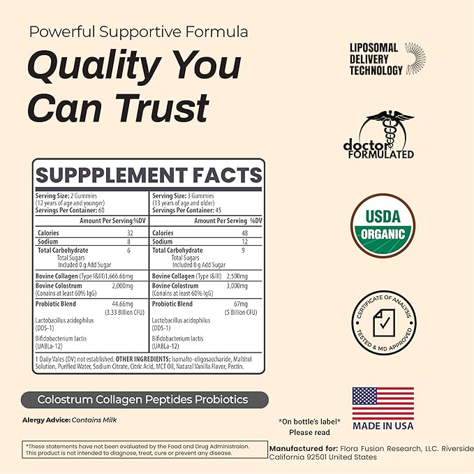 Colostrum Gummies I Collagen Peptides I Probiotics 5000+ mg w/ 60% IgG I Immunity Support &amp Gut Health - Liposmal Technology - U.S. Sourced Superfood - Grass-Fed Bovine - 120 gummies (Vanilla Flav