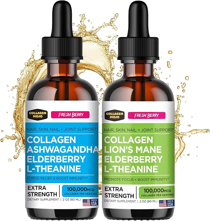 Collagen Mojo - Liquid Collagen Peptides for Women &amp Men with Lion's Mane Mushroom Elderberry &amp L-Theanine and Ashwagandha Elderberry &amp L-Theanine - for Hair Skin Nails Join Support -