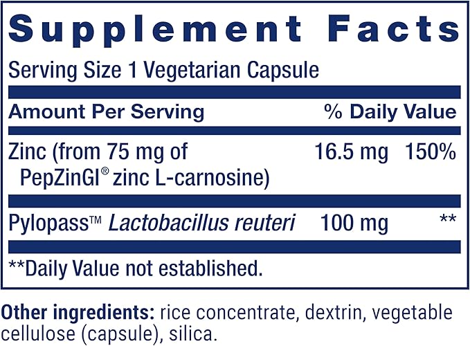 Life Extension Gastro-Ease™ zinc L-carnosine Pylopass™ Lactobacillus reuteri probiotics Digestion Supplement Gut Health Stomach Comfort Gluten-Free Non-GMO Vegetarian 60 Capsules