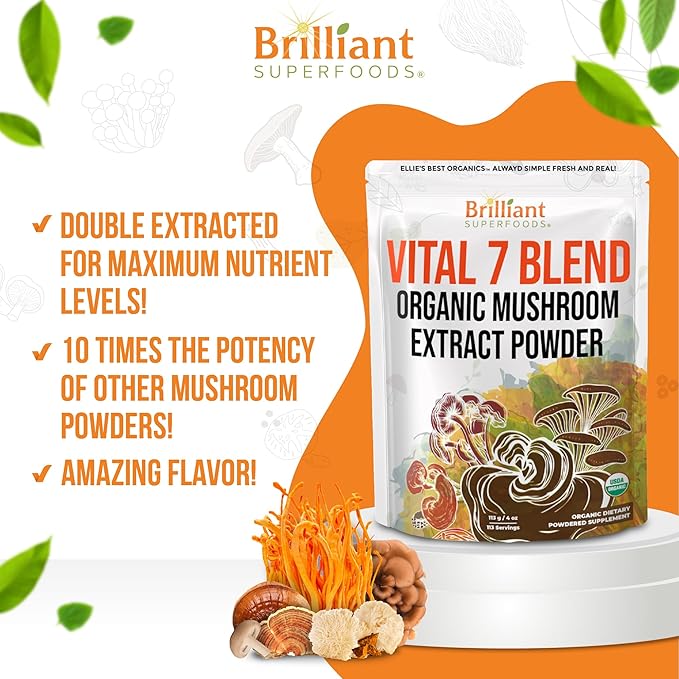Ellie's Best 7 Mushroom Powder Extract Organic Blend - Reishi Lion's Mane Chaga Turkey Tail Cordyceps Maitake &amp Shiitake - Double Extracted - Pure No Fillers - 8oz / 228 1g Servings……
