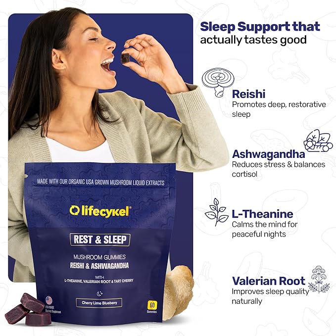 PM Rest &amp Sleep Mushroom Gummies 60 Count - L-theanine Supplement with Reishi Ashwagandha Valerian Root &amp Tart Cherry for Natural Relaxation Mood &amp Improved Sleep - Vegan Non-GMO