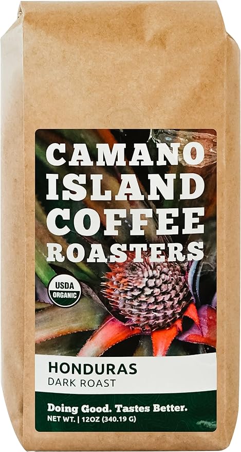 Camano Island Coffee Roasters Honduras Dark Roast Ground 12oz Fresh Small Batch Roasted USDA Organic Fairly Traded Shade Grown Top 1% Arabica - Molasses Brown Sugar Cinnamon Flavor