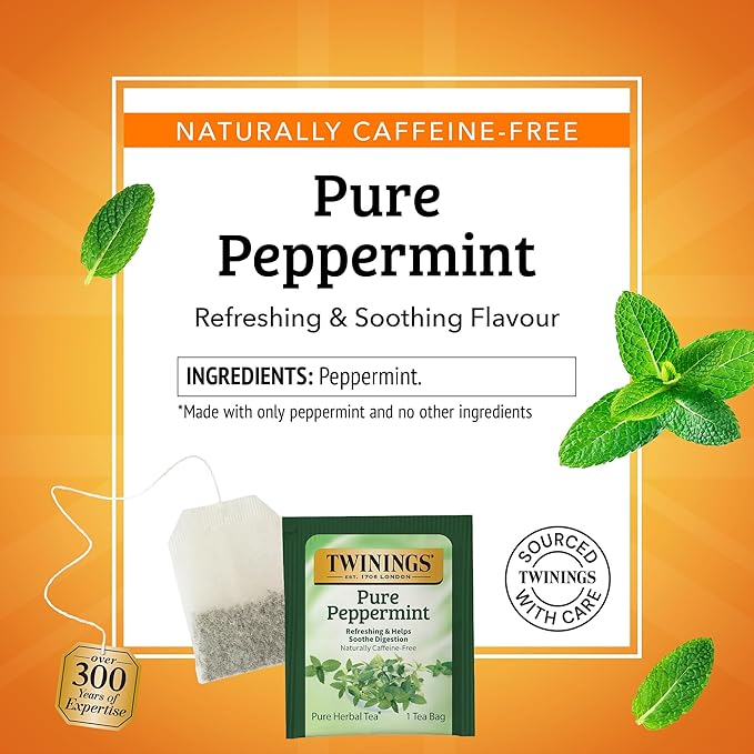 Twinings Pure Peppermint Herbal Tea Individually Wrapped Bags 50 Count (Pack of 6) Fresh Minty Flavour Naturally Caffeine-Free Enjoy Hot or Iced 300 Teabags