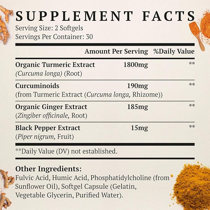 Liposomal Turmeric Curcumin Supplement - 2000mg 95% Curcuminoid Extract with Piperine - 60 Softgels (2 Bottle)