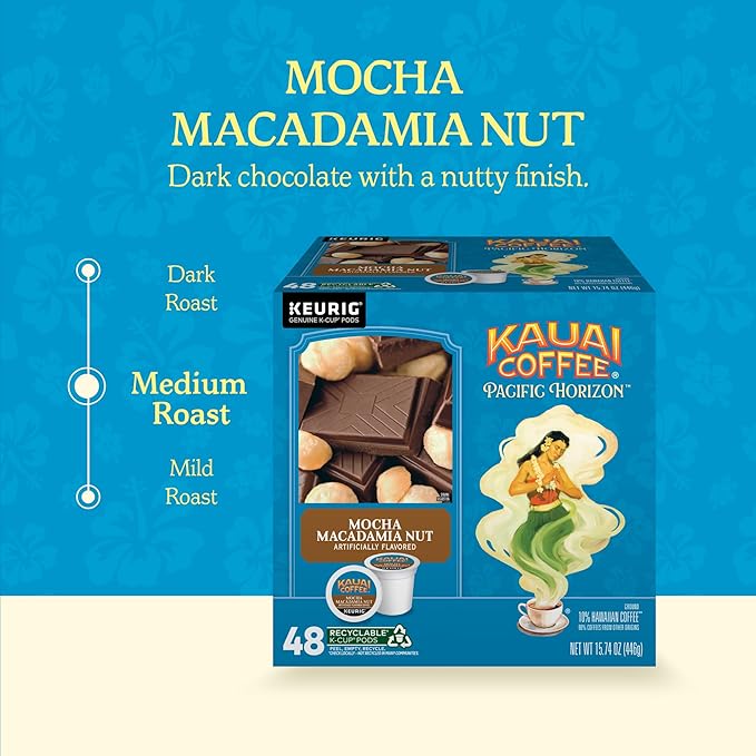 Kauai Coffee K-Cup Pods for Keurig Brewers – Arabica Coffee 10% Hawaiian – Medium Roast Savory and Chocolatey Aroma – Mocha Macadamia Nut 1 Pack of 48 Single Serve K-Cups