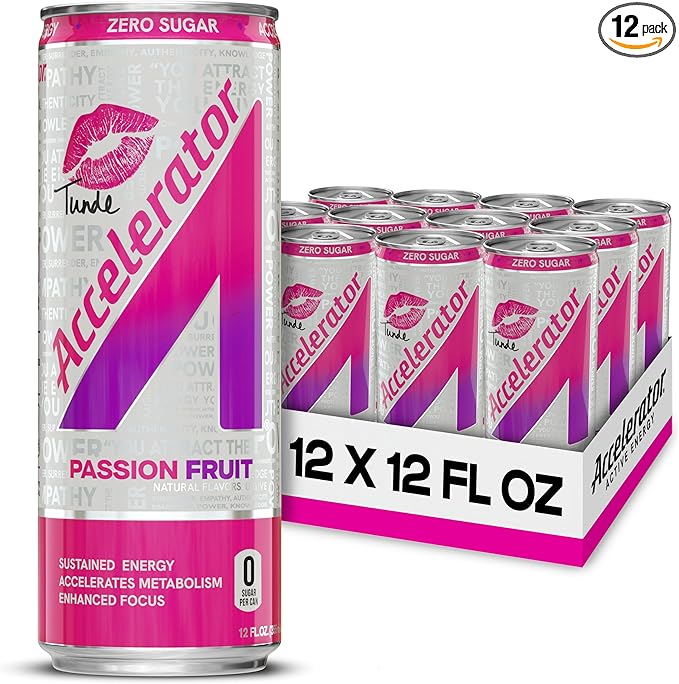 Accelerator Energy Drink Passion Fruit 12oz can (12 pack) Zero Sugar Sustained Energy from 100% Natural Caffeine (200mg from Green Coffee Bean &amp Green Tea extract)