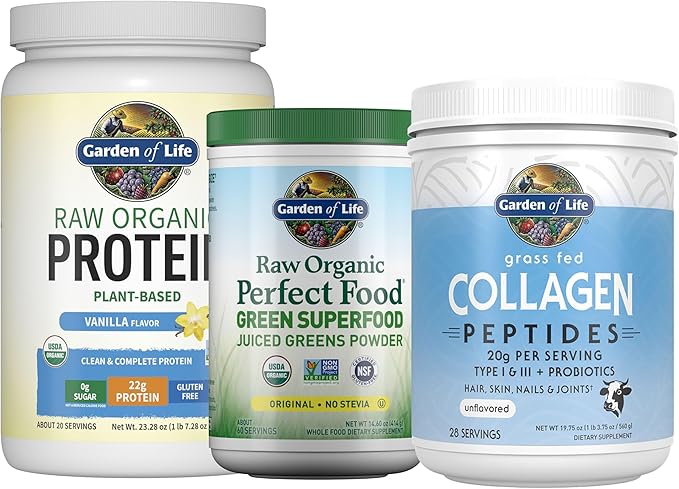 Garden of Life Holistic Wellness Bundle – Perfect Food Powder 30 Servings + Grass Fed Collagen Peptides 28 Servings + Vegan Vanilla Protein with BCAAs &amp Probiotics 20 Servings
