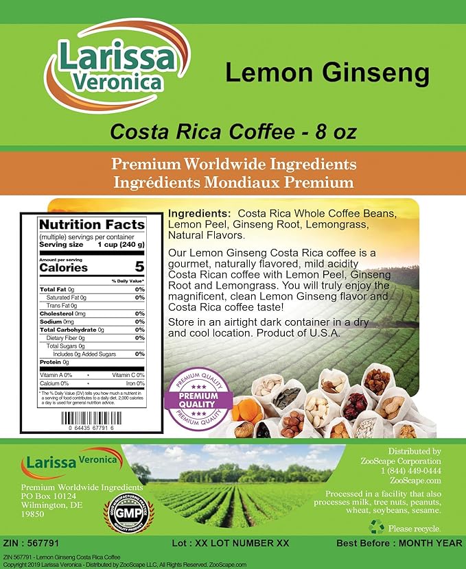 Lemon Ginseng Costa Rica Coffee (Gourmet Naturally Flavored Whole Coffee Beans) (8 oz ZIN: 567791) - 2 Pack