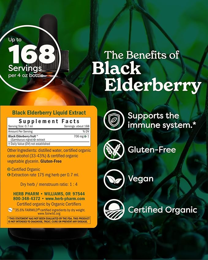 Herb Pharm Certified Organic Black Elderberry Liquid Extract for Immune System Support Organic Cane Alcohol 4 Ounce