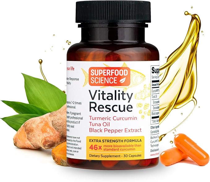 Vitality Rescue Omega 3 with Turmeric Curcumin Supplement Fish Oil DHA EPA with BioPerine &amp CurcuWin 46X Absorption Supports Joint Muscle Heart &amp Brain Health 30 Capsules