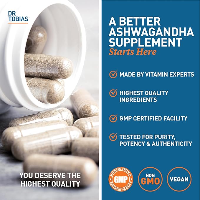 Dr. Tobias Ashwagandha Capsules - 1300mg Organic Ashwagandha Root Extract Per Serving with Black Pepper | Calming Adaptogen Energy &amp Focus Supplement (60 Vegetarian Capsules)